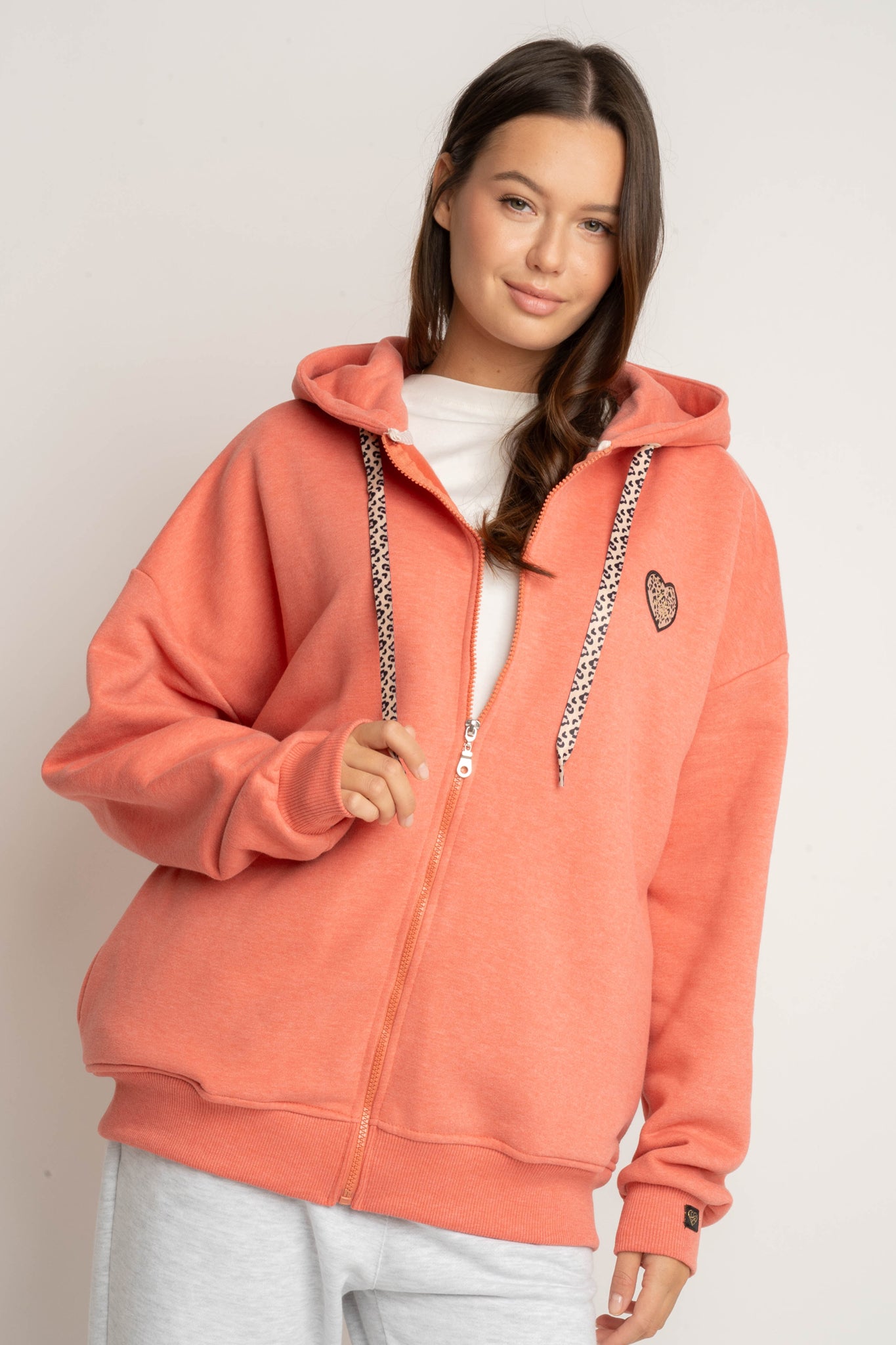 BLUZA Z KAPTUREM ROZPINANA KORALOWA - FLEUR