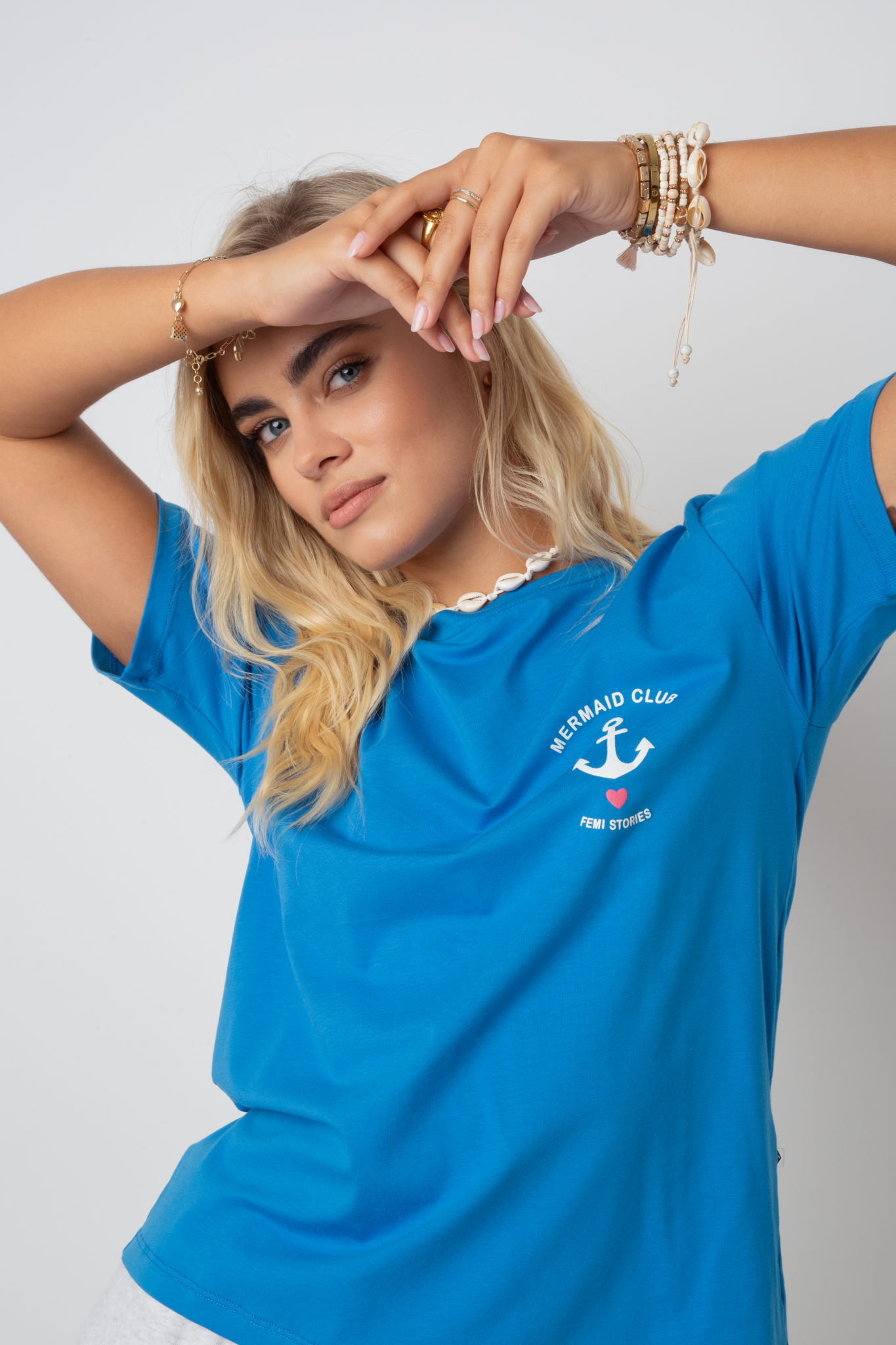 MERMAID CLUB BLUE T-SHIRT WITH ECRU PRINT - MANUEL
