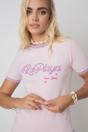 T-SHIRT LA PLAYA RÓŻOWA Z JASNOFIOLETOWYM NAPISEM I LAMÓWKĄ - COSMA