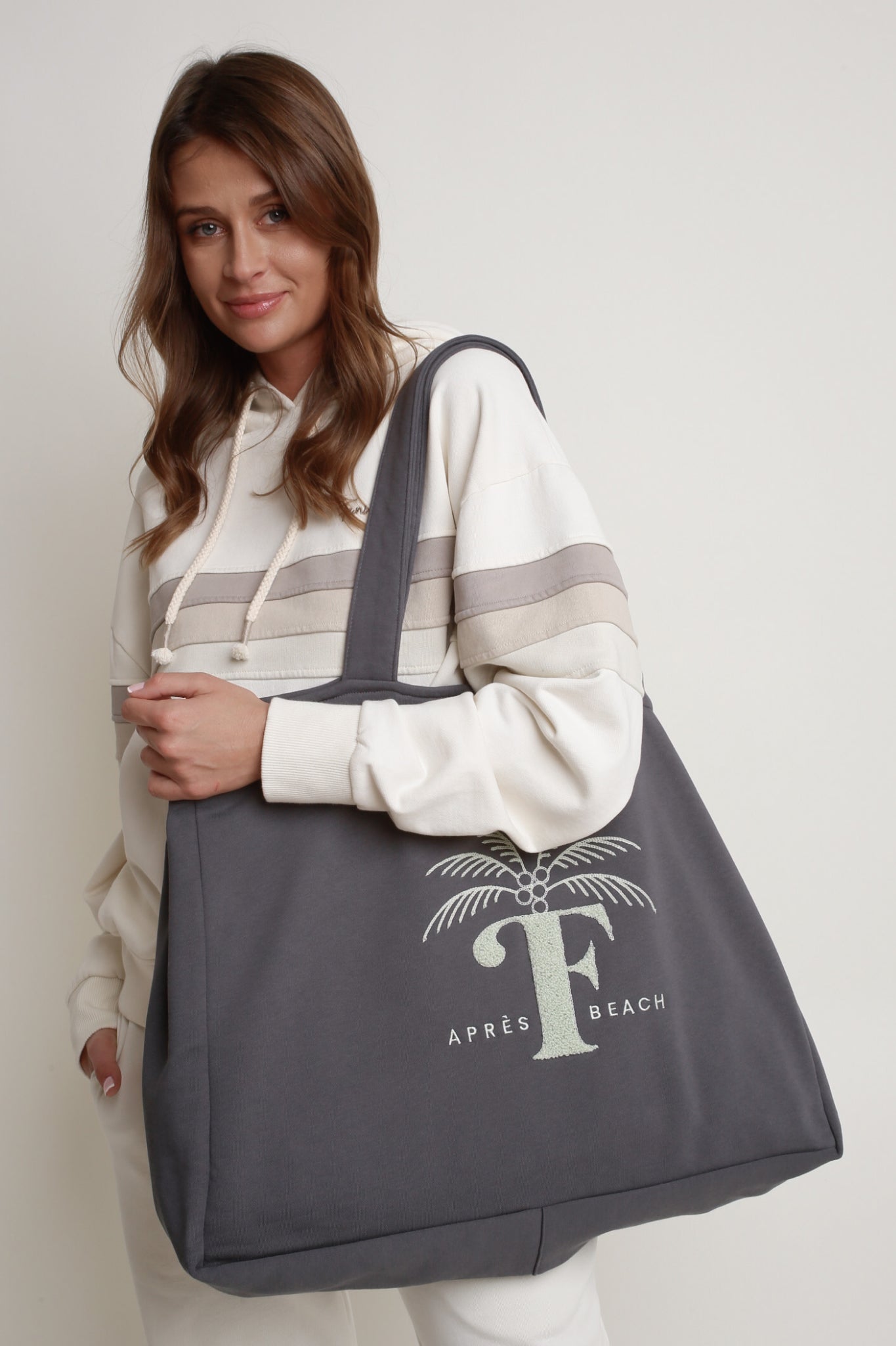 SHOPPER BAG WITH PALM PRINT, ANTHRACITE - BORA BORA