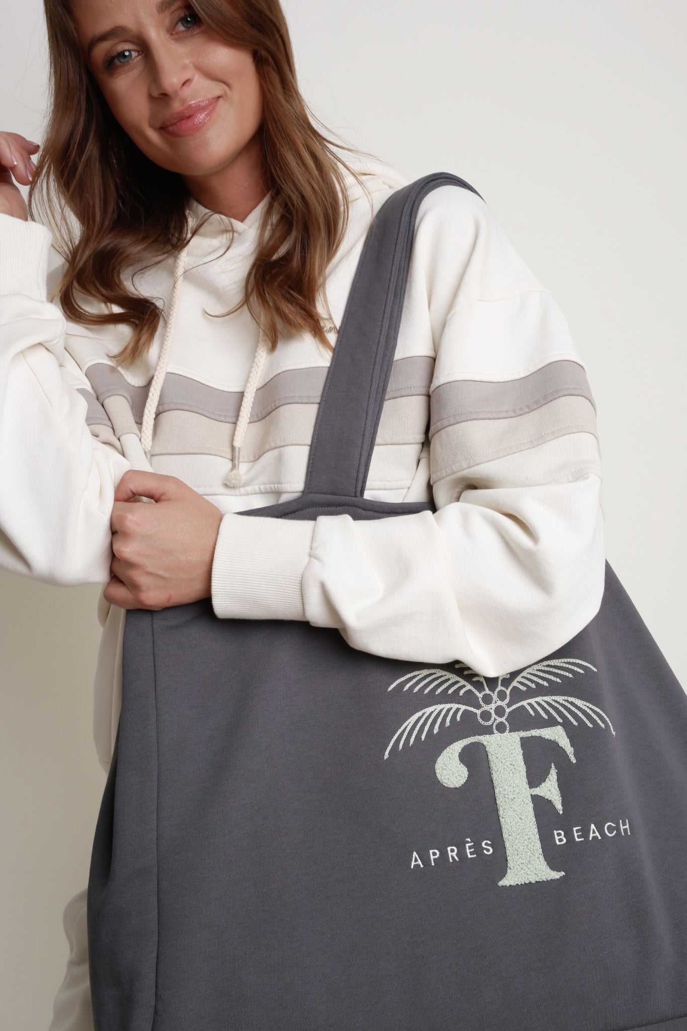 SHOPPER BAG WITH PALM PRINT, ANTHRACITE - BORA BORA