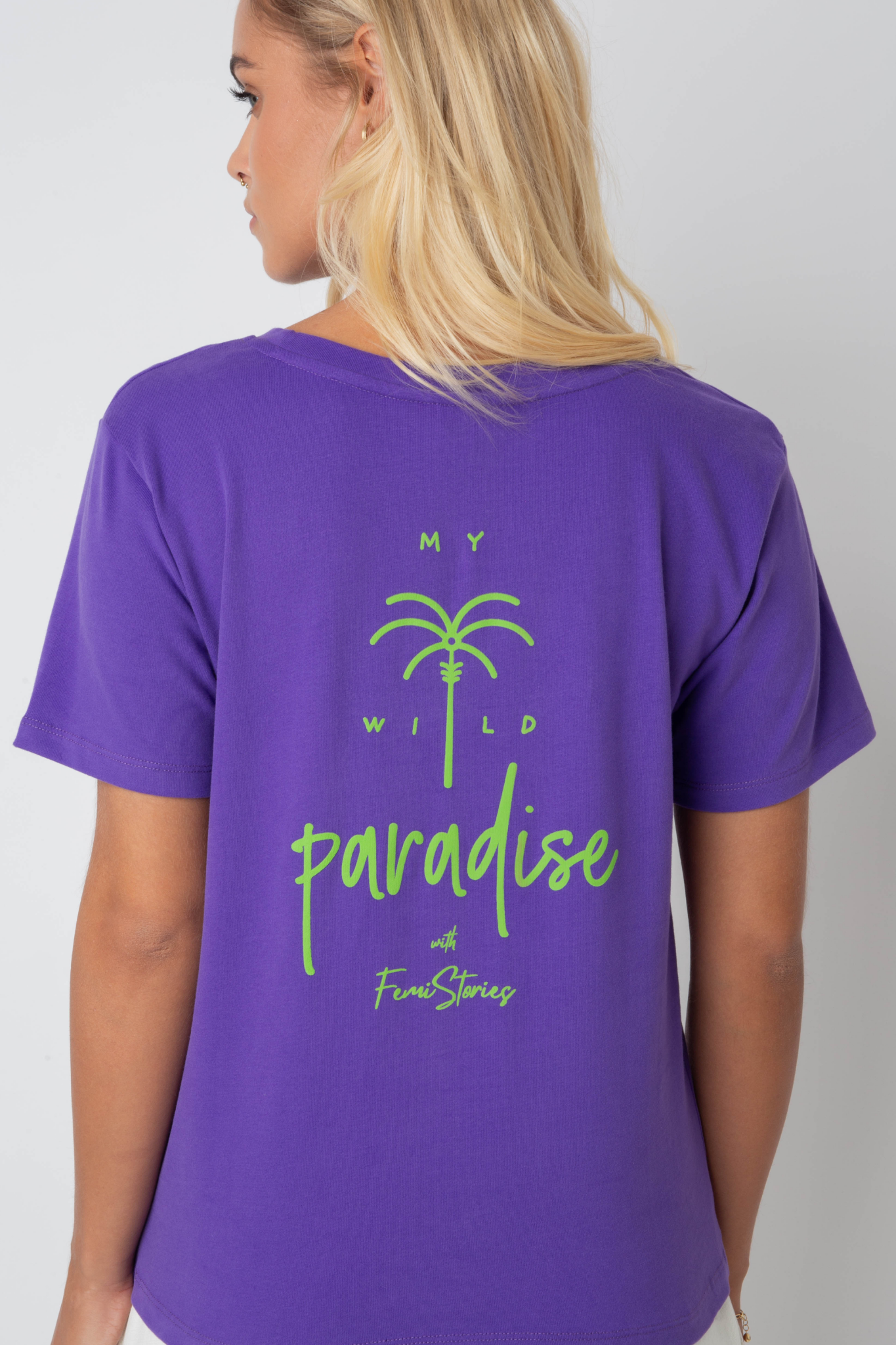 T-SHIRT MY WILD PARADISE FIOLETOWY Z ZIELONYM NADRUKIEM PALMY- MANUEL