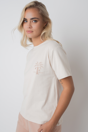 APRES BEACH T-SHIRT LIGHT BEIGE WITH BROWN PALM PRINT - MANUEL