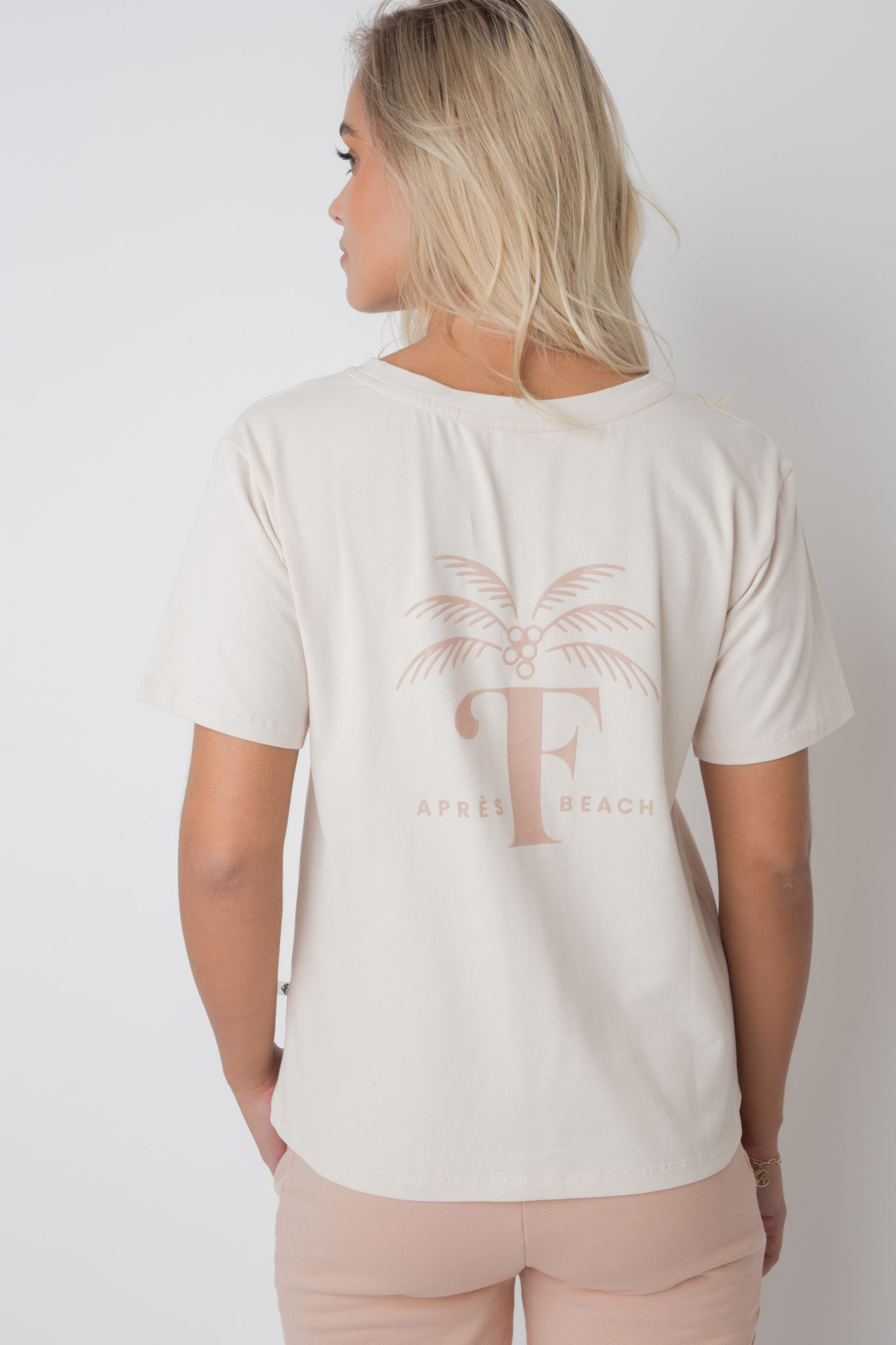 APRES BEACH T-SHIRT LIGHT BEIGE WITH BROWN PALM PRINT - MANUEL