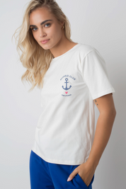 T-SHIRT MERMAID CLUB ECRU Z NADRUKIEM W KOLORZE GRANATOWYM - MANUEL