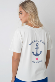 T-SHIRT MERMAID CLUB ECRU Z NADRUKIEM W KOLORZE GRANATOWYM - MANUEL