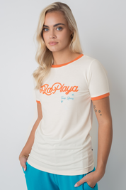 T-SHIRT LA PLAYA ECRU Z POMARAŃCZOWYM NAPISEM I LAMÓWKĄ - COSMA