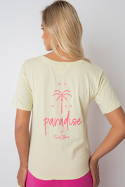 T-SHIRT MY WILD PARADISE JASNOŻÓŁTY Z RÓŻOWYM NADRUKIEM PALMY- MANUEL