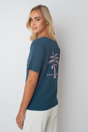 T-SHIRT APRES BEACH GRANATOWY Z RÓŻOWYM NADRUKIEM PALMY - MANUEL