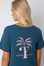 T-SHIRT APRES BEACH GRANATOWY Z RÓŻOWYM NADRUKIEM PALMY - MANUEL